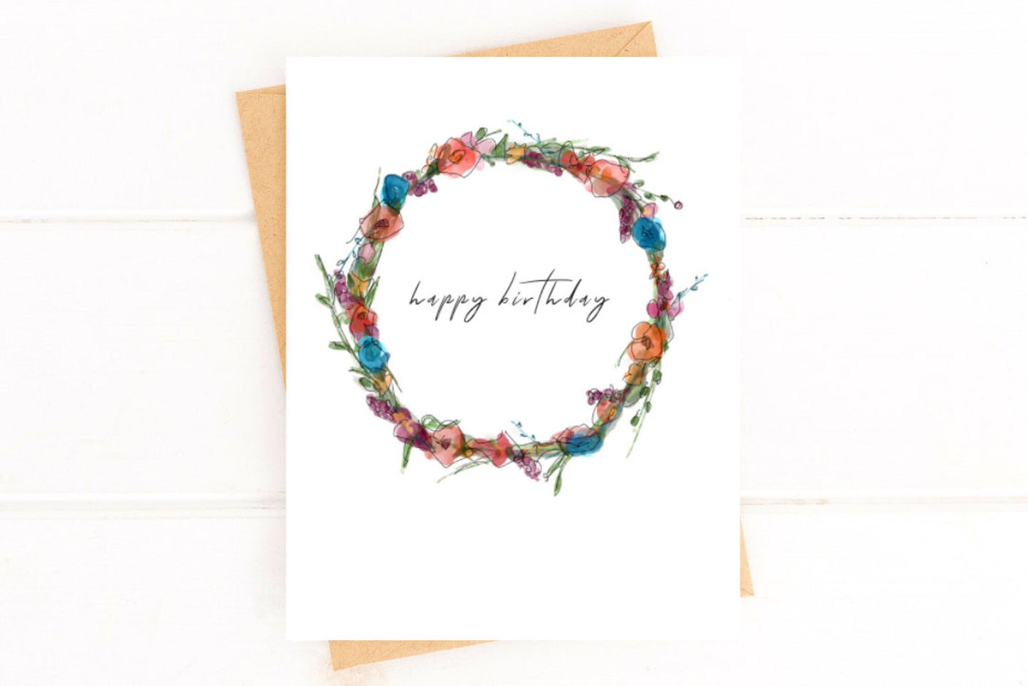 Happy Birthday Watercolor Wreath Card, Floral Watercolor Wreath Birthday Card image 2