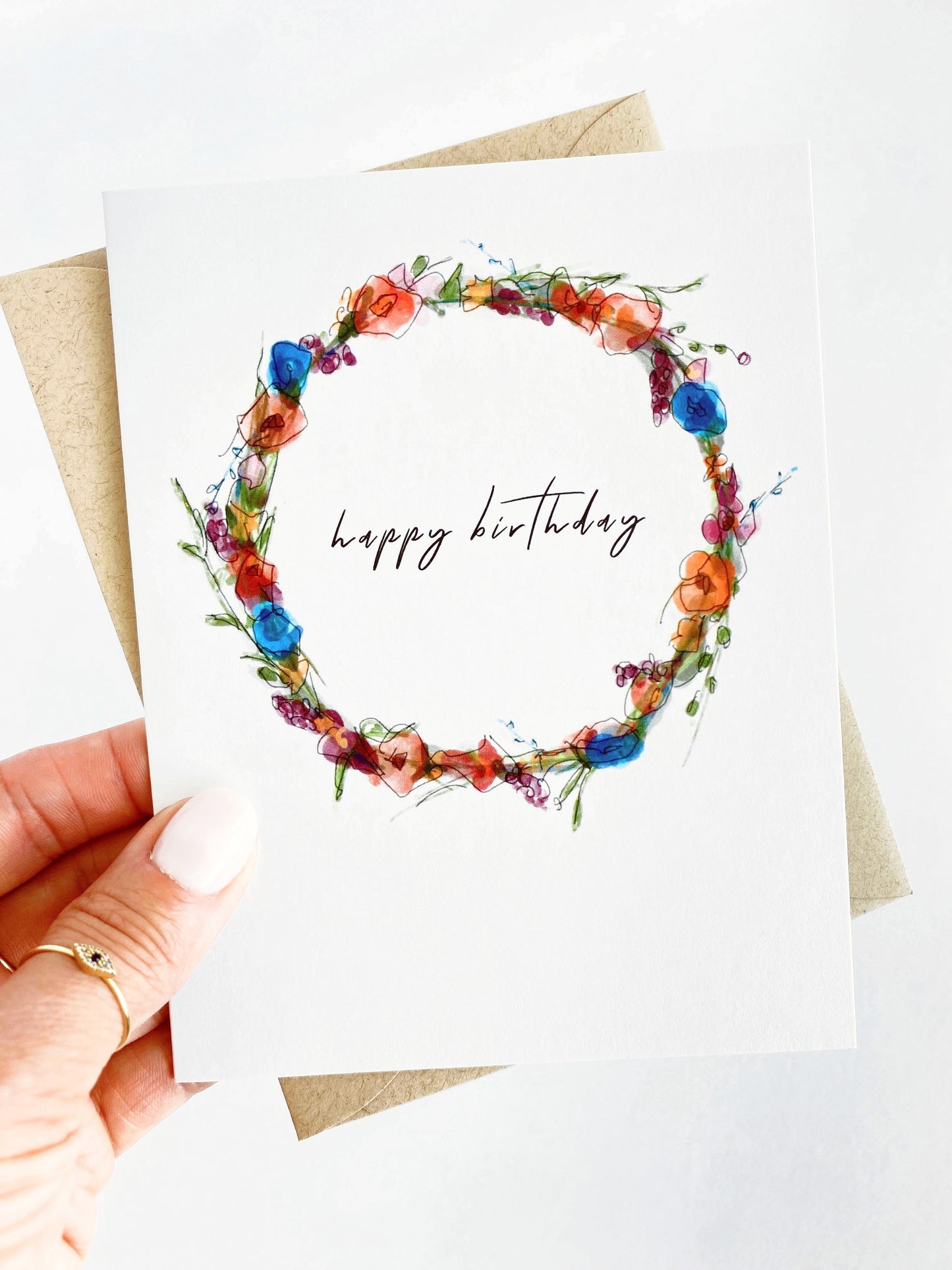 Happy Birthday Watercolor Wreath Card, Floral Watercolor Wreath Birthday Card image 0
