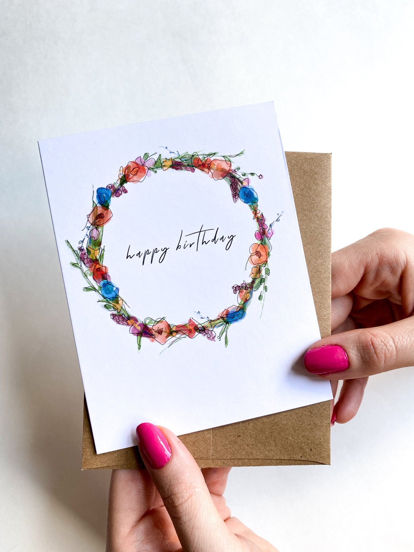 Happy Birthday Watercolor Wreath Card, Floral Watercolor Wreath Birthday Card image 1