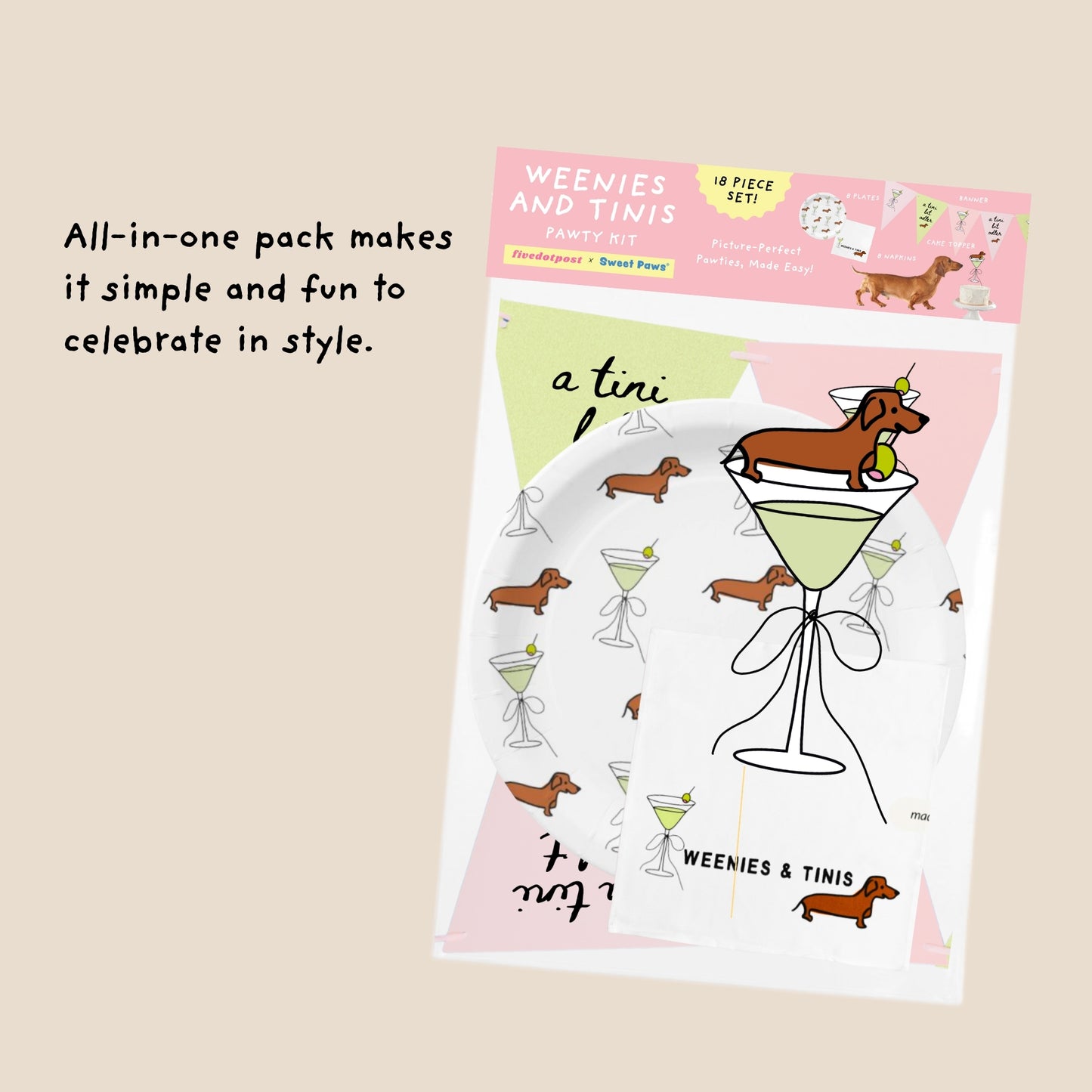 Sweet Paws x Five Dot Post "Weenies and Tinis" Pawty Pack 18 pc set