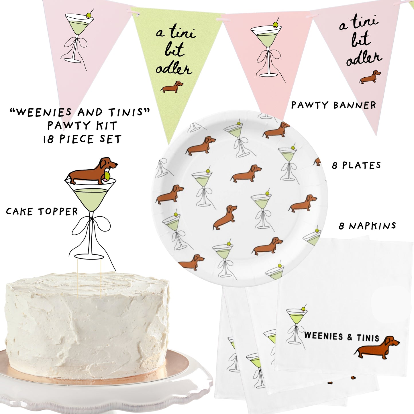 Sweet Paws x Five Dot Post "Weenies and Tinis" Pawty Pack 18 pc set