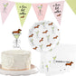 Party decorations with dachshund and martini design, including a cake and plates.