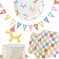 Party supplies including plates, banner, cake topper, and checkered napkins on a white background.