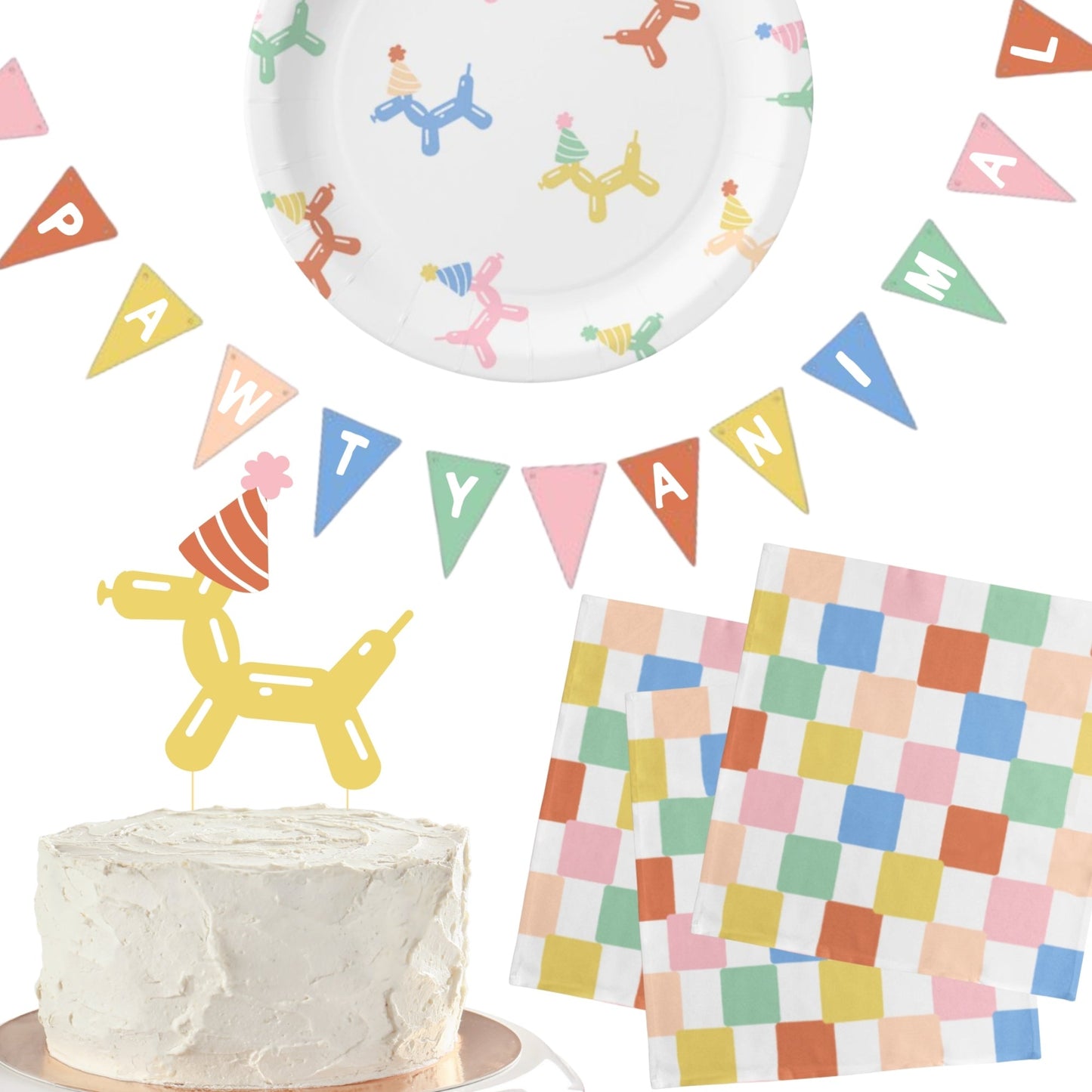 Party supplies including plates, banner, cake topper, and checkered napkins on a white background.