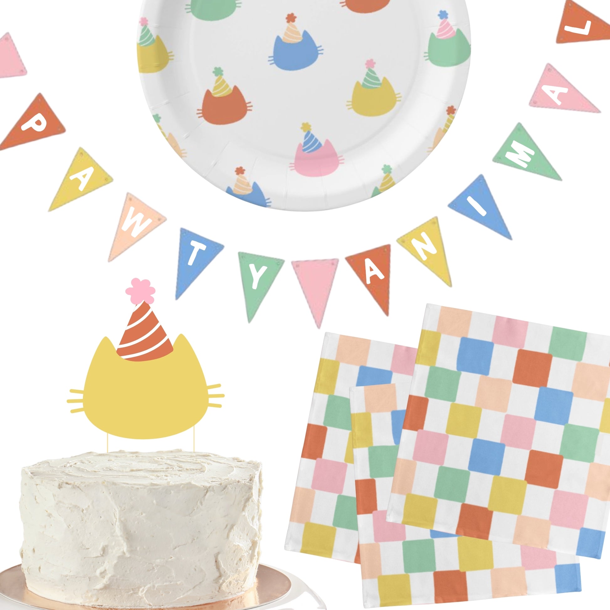 Party supplies including cake toppers, plates, and napkins with colorful designs on a white background.